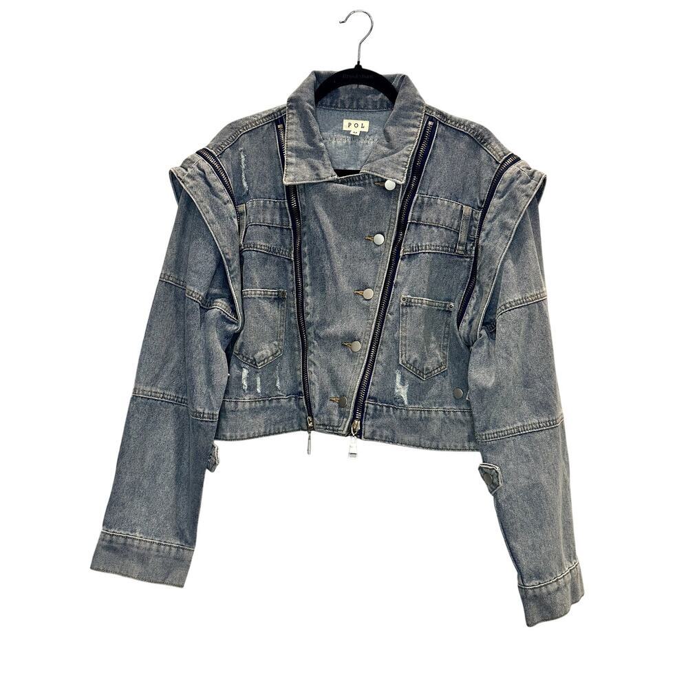 POL – Oversized Zipper-Detail Denim Jacket – Washed Blue – Size M